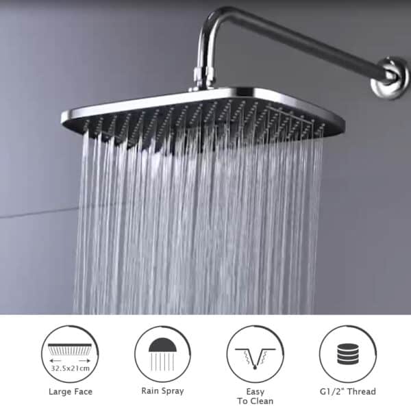Pommeau de douche à effet pluie surdimensionné Leelongs (30,5 × 20,5 cm, ABS chromé) : jet de pluie, facile à nettoyer, filetage G1/2" ; avantages indiqués ci-dessous.