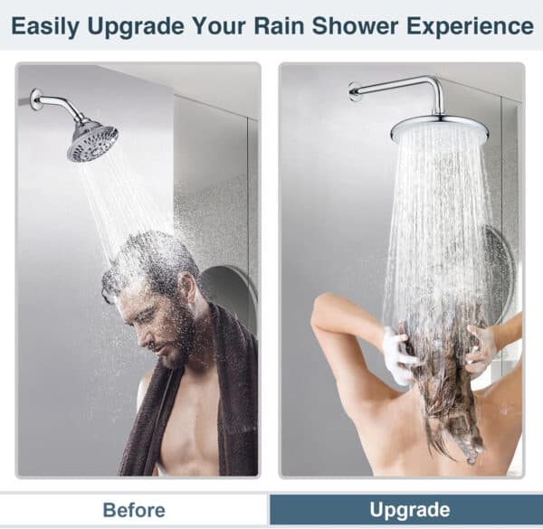 Homme sous un jet de pommeau de douche faible (à gauche), femme sous un jet de pommeau de douche fixe à effet pluie plus fort (à droite), comparaison côte à côte.