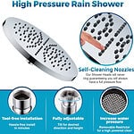 Rociador de ducha de pared redondo de 25 cm con boquillas autolimpiables, inclinación ajustable y limitador de fácil instalación.