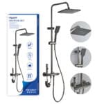 Σετ ντους Leelongs Gunmetal Grey με ρυθμιζόμενες κεφαλές οροφής και χειρός, πίνακα ελέγχου, σωλήνα και συσκευασία στα αριστερά.