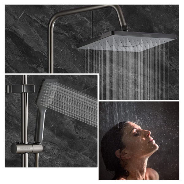 يحتوي دش Leelongs Wall-Mounted Gunmetal Gray على رأس دش مربع علوي، ورذاذ محمول باليد، وشطف غامر.