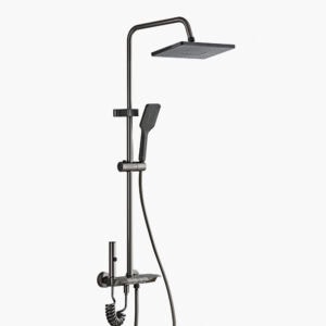 Leelongs gunmetal gray wall shower system with square rainfall head, handheld, and adjustable rail for a modern look.
