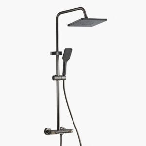 Matte black aluminum shower system with square rainfall head, handheld sprayer, adjustable bar, and wall controls.