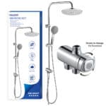 Ampio set doccia a pioggia a 3 funzioni con getti cromati, asta di regolazione dell'altezza, manopola per valvola, doccetta a cascata. Scatola di imballaggio a sinistra.