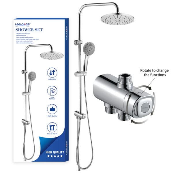 Ampio set doccia a pioggia a 3 funzioni con getti cromati, asta di regolazione dell'altezza, manopola per valvola, doccetta a cascata. Scatola di imballaggio a sinistra.