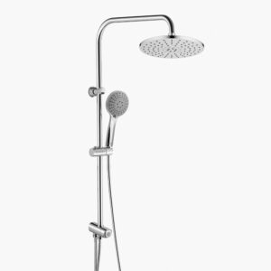Chrome 3-function rain shower set with overhead head, detachable waterfall sprayer, vertical bar, and flexible hose.