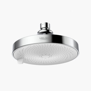 Shower head with chrome finish, modern minimalist design, suitable for luxury bathroom renovation and high-pressure water flow.