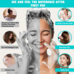 Showering in water with chlorine and heavy metal showering, woman enjoying a bath with soap, damaged hair before and after using deep blue water filter, and improved skin texture.