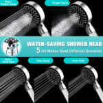 Rain shower head with water-saving design and five adjustable jet modes for customizable shower experiences, including rain, rain + inner rain, rain spray, inner rain, and rain + oxygen spray.