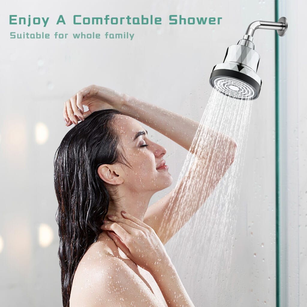 Woman enjoying a refreshing shower with a 5-inch beauty filtered shower head with 15-stage filter, designed for a comfortable and healthy shower experience.