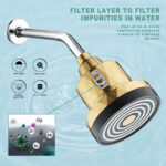 Genuine product photo of the Deepblue shower filter showing its gold and black design with a built-in water filter and G1/2" thread, highlighting its ability to remove impurities and provide cleaner, healthier water for showers. The image emphasizes the filter’s easy installation, multi-layer filtration system, and its role in reducing contaminants such as chlorine, heavy metals, and other impurities, ensuring a refreshing and improved shower experience.