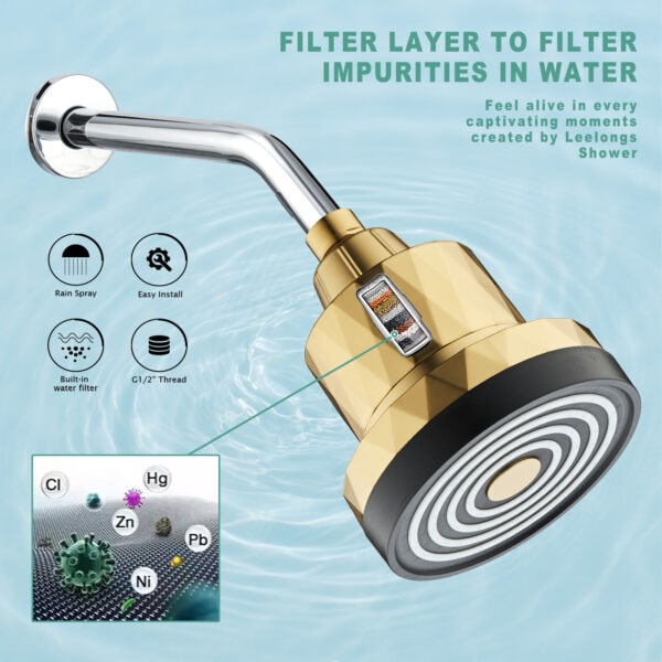 Genuine product photo of the Deepblue shower filter showing its gold and black design with a built-in water filter and G1/2" thread, highlighting its ability to remove impurities and provide cleaner, healthier water for showers. The image emphasizes the filter’s easy installation, multi-layer filtration system, and its role in reducing contaminants such as chlorine, heavy metals, and other impurities, ensuring a refreshing and improved shower experience.