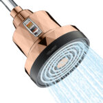 Showerhead with water spray and filter system, rose gold finish, modern bathroom fixture for water filtration and aeration.