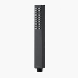 Elevated image of a sleek, black handheld shower head featuring multiple spray options, ideal for contemporary bathroom decor and luxury shower experiences.