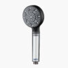 Black handheld shower head with multiple spray nozzles for high pressure water flow, designed for versatile bathroom use.