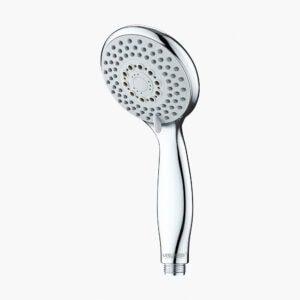 Modern chrome shower head with 12-stage filtration system for removing chlorine and impurities, enhancing water quality and skin health.