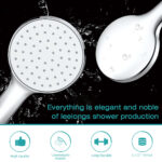 Close-up of a high-pressure handheld shower head with water spray, showcasing its design and water flow for optimal shower experience.