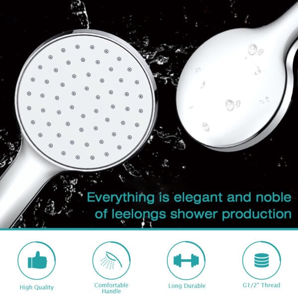 Close-up of a high-pressure handheld shower head with water spray, showcasing its design and water flow for optimal shower experience.