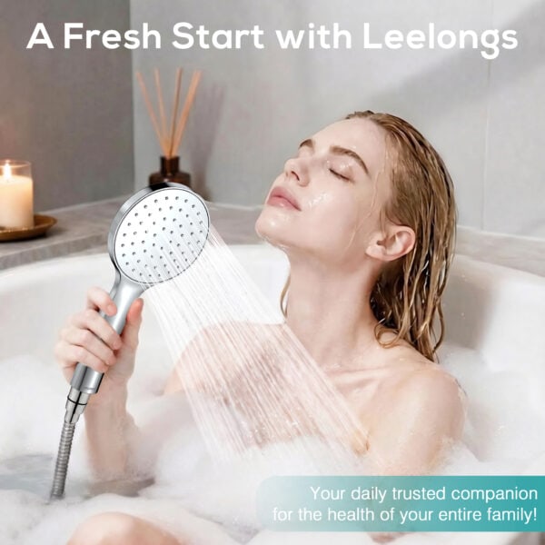 Woman enjoying a relaxing bath with a handheld shower from Leelongs, showcasing modern bathroom fixtures and a soothing bathing experience.