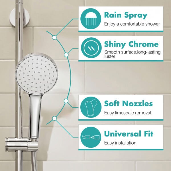 Handheld shower head with rain spray, shiny chrome surface, soft nozzles, and universal fit for easy installation.