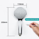 Modern handheld shower head with a sleek chrome finish, measuring 110mm in diameter and 250mm in length, designed for elegant and efficient showering.