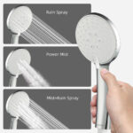 Handheld shower head with adjustable spray modes including rain spray, power mist, and mist+rain spray for efficient water use.