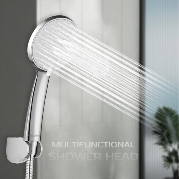 Modern high-pressure round hand shower with water-saving features, adjustable spray modes, and sleek design for efficient and eco-friendly showering.