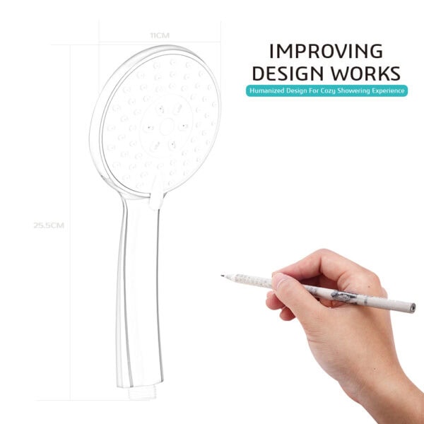 High pressure round hand shower with water-saving features, adjustable spray modes, and ergonomic design for a comfortable shower experience. Perfect for modern bathrooms.
