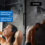High pressure rain showerhead for luxurious bathroom experience, 6-inch diameter, multiple spray functions, wall-mounted, modern design.