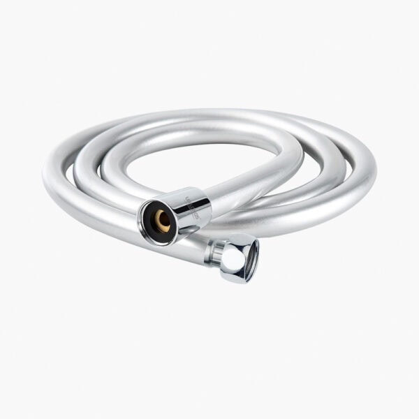 Anti-twist 1.5-meter silver PVC flexible shower hose for modern bathroom fixtures. Durable, lightweight, and easy to install, ideal for enhancing shower experience with high-quality materials.