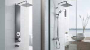 Pannello doccia moderno con molteplici funzioni e sistema doccia separato per la ristrutturazione del bagno.