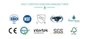 水処理規格に関するISO、NSF、UPC、IAPMO、WaterSense、CE、REACH、Intertek、SGS、FSCのロゴ。