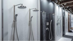 In un elegante showroom, vengono presentati diversi soffioni doccia moderni e sistemi doccia portatili, mettendo in risalto gli accessori bagno contemporanei e il design innovativo.