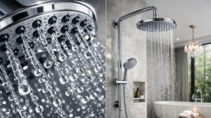 Immagine ad alta risoluzione di due soffioni doccia contemporanei in un bagno elegante, che mostra l'acqua che fuoriesce dai rubinetti. Il bagno è caratterizzato da un'ampia finestra, una vasca da bagno e un arredamento elegante, che ne sottolinea l'importanza.