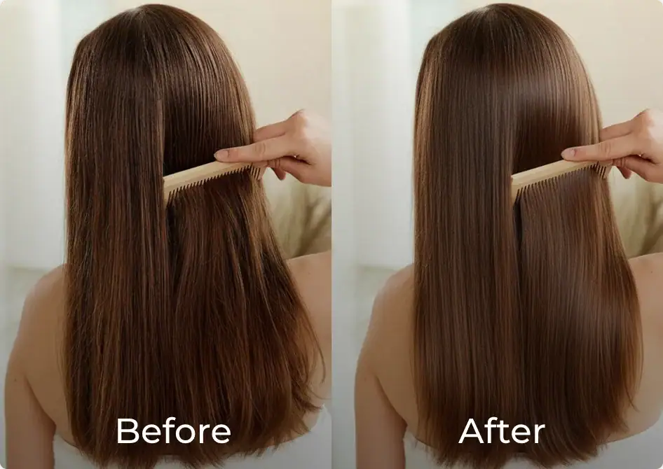 Perbandingan rambut secara bersebelahan sebelum dan selepas rawatan menunjukkan peningkatan kilauan dan kehalusan, menonjolkan keberkesanan perkhidmatan penjagaan rambut profesional.