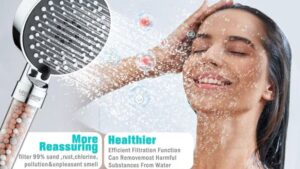 Happy woman enjoying a refreshing shower with a modern Leelongs shower head, highlighting health benefits and efficient filtration.