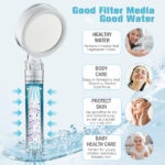 Close-up of a high pressure water filter shower head with filtration media visible inside, promoting healthy water and skin care.