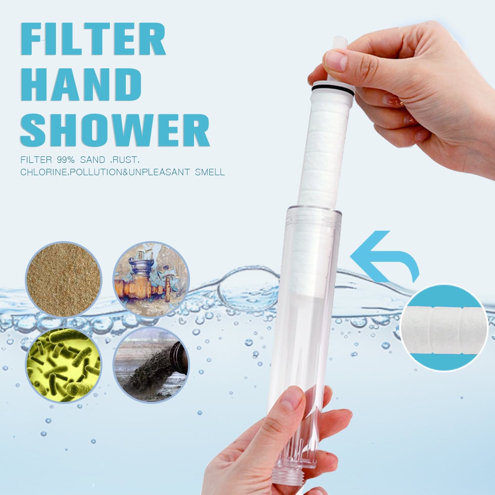 Handheld water filter for shower head with replaceable filter cartridge, removing sand, rust, chlorine, and pollutants for clean water.