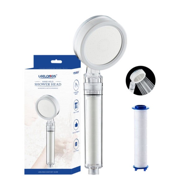 High pressure shower head with built-in water filter for purified water and improved shower experience.