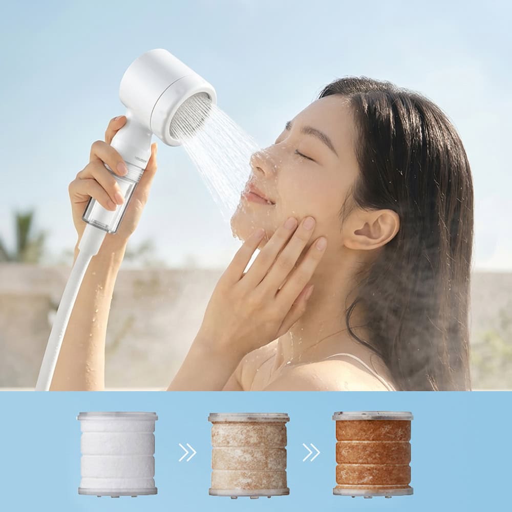 Woman enjoying a refreshing shower with a filtered shower head featuring a cartridge for clean water.