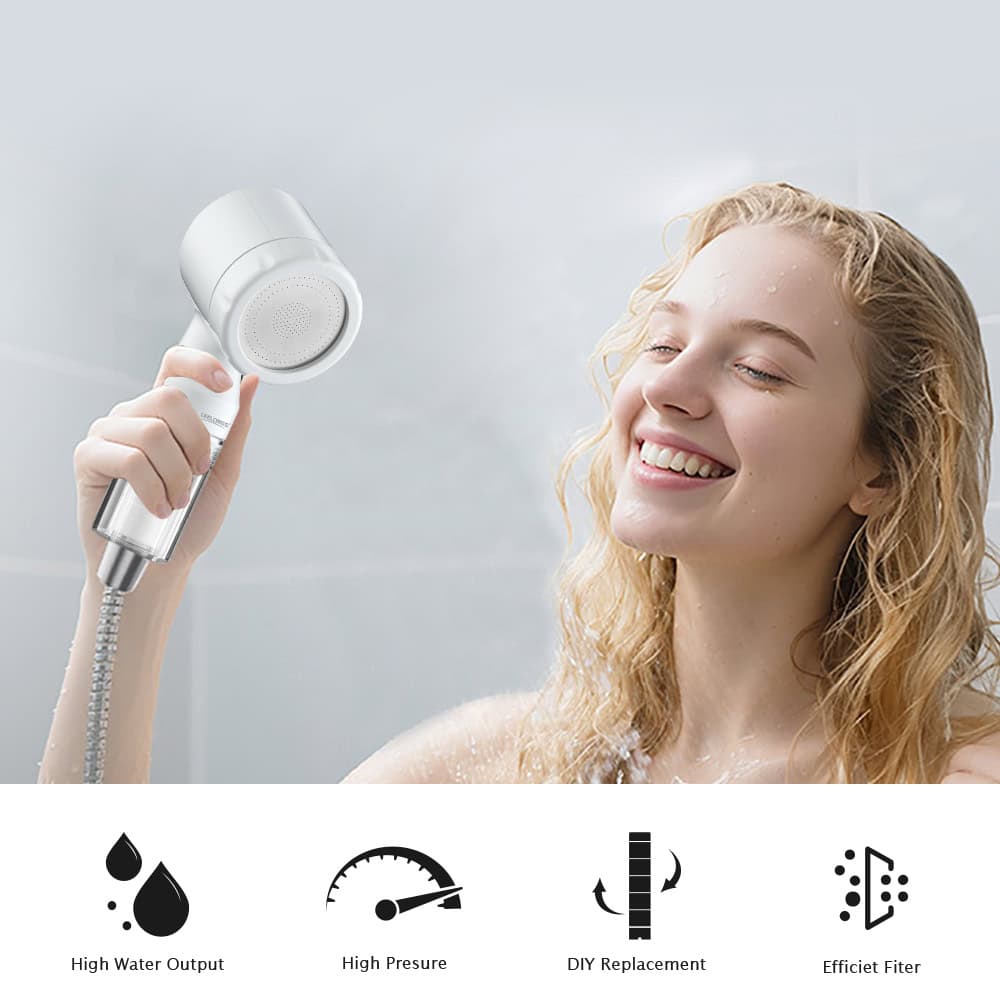 Young woman enjoying a refreshing shower with a portable hand shower featuring a filtered water outlet, high pressure, and easy DIY replacement.