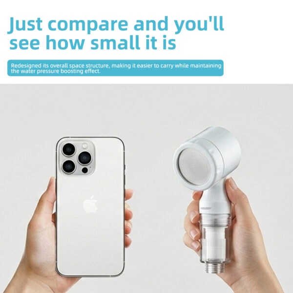Compact travel hand shower with PP cartridge filter for water purification, easy to carry, ideal for outdoor and travel use.