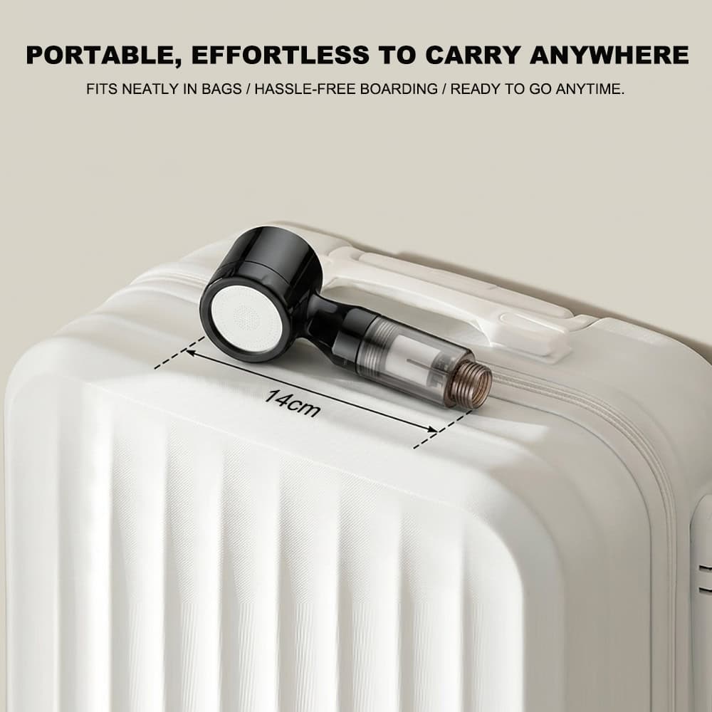 Compact portable travel hand shower with PP cartridge for filtered water, designed for easy carrying and convenience during travel.