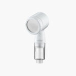 Compact travel hand shower with PP cartridge and filtered water flow, ideal for portable use and maintaining water quality on the go.