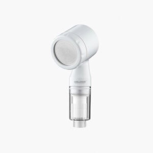 Compact travel hand shower with PP cartridge and filtered water flow, ideal for portable use and maintaining water quality on the go.