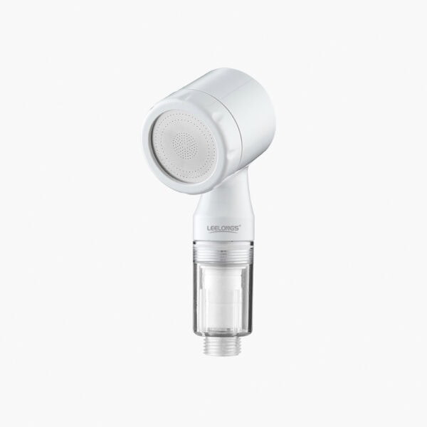 Compact travel hand shower with PP cartridge and filtered water flow, ideal for portable use and maintaining water quality on the go.