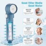 Portable travel hand shower head with PP cotton filter, blue and yellow design, ideal for water purification and skin protection during travel.