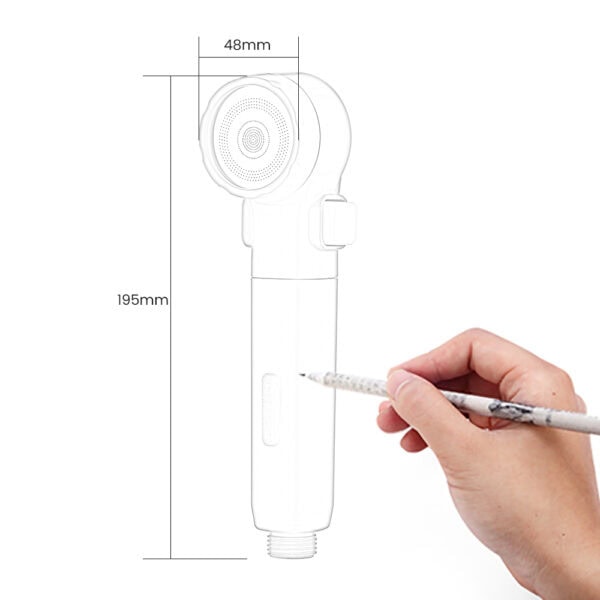 Hand holding a pen next to a technical drawing of a portable travel hand shower head with dimensions 195mm height and 48mm diameter, featuring a PP cotton filter.