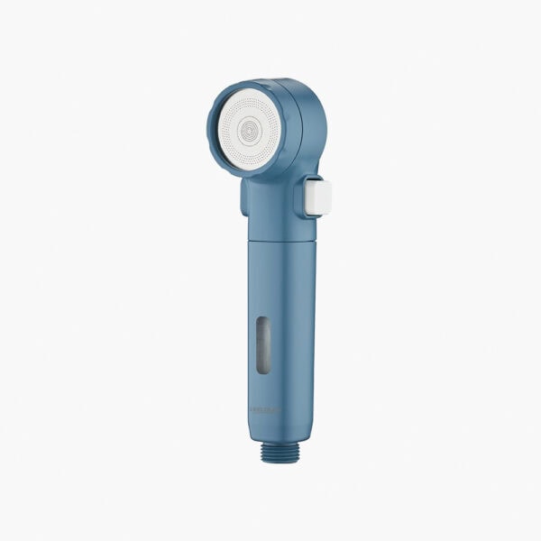 Blue portable travel hand shower head with PP cotton filter, compact design, ideal for travel and outdoor use.