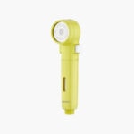 Yellow portable travel hand shower head with PP cotton filter, compact design, suitable for outdoor and travel use.
